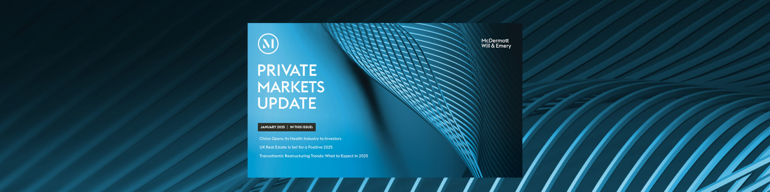 Graphic displaying the Private Markets Update January 2025 report cover image over wavy, textured blue lines with overlay text that reads "Download the Report" in white text atop a teal rectangle.