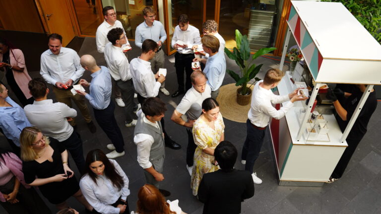 Aerial photo of a food station at one of the firm’s intern networking events in Germany. (credit: McDermott Will & Schulte)