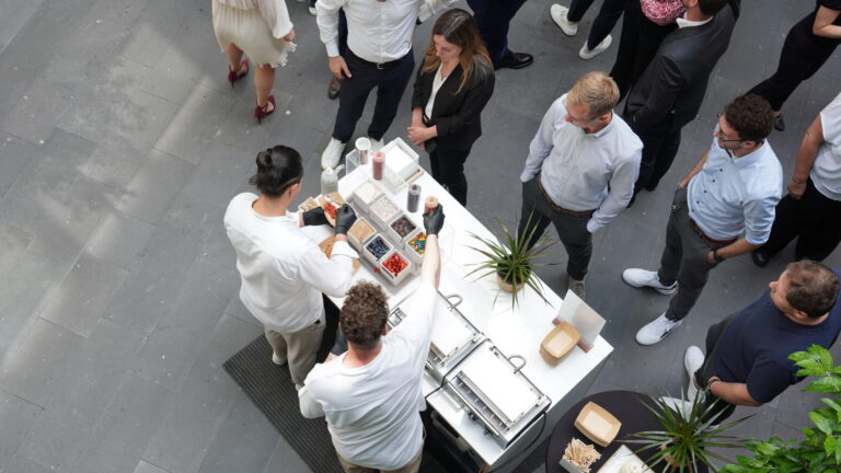 Aerial photo of a food station at one of the firm’s intern networking events in Germany. (credit: McDermott Will & Schulte)