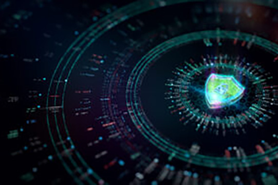 Internet security concept. Digital shield firewall protection from viruses and malware. Modern futuristic technology background. 3D render
